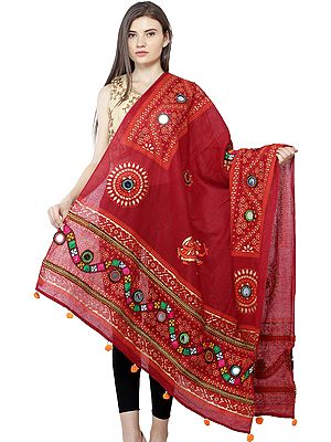 Printed Dupatta from Kutch with Hand-Embroidered Florals and Mirrors