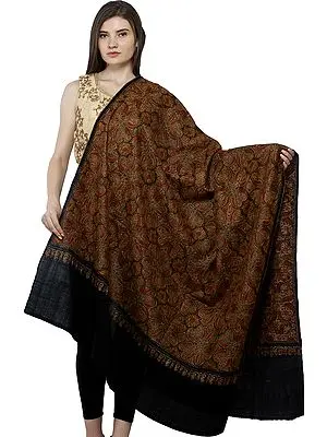 Caviar-Black Tusha Shawl from Kashmir with Sozni Floral Hand-Embroidery All-Over