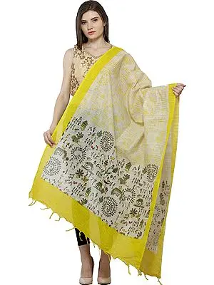 Reed-Yellow Dupatta from Jharkhand with Printed Warli Folk Motifs