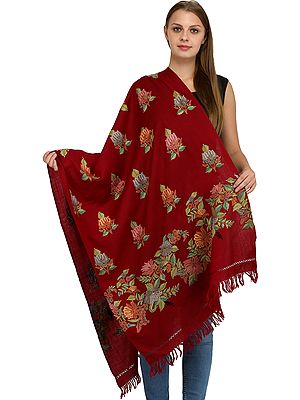 Earth-Red Stole from Kashmir with Aari Hand-Embroidered Lotuses