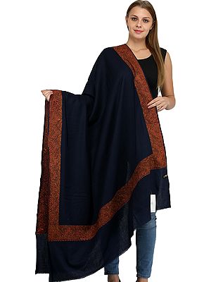 Pure Wool Plain Shawl from Amritsar with Sozni Embroidery on Border