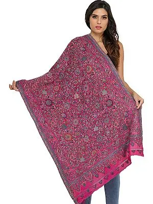 Magenta-Haze Kani Jamawar Stole with Woven Florals and Paisleys in Multicolor Thread