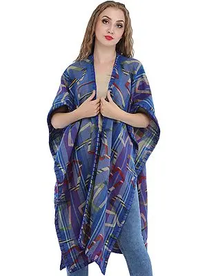 Marina-Blue Jamawar Cape with Woven Stripes and Motifs All-Over