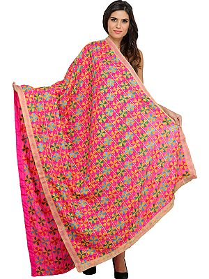 Rasberry-Sorbet Phulkari Dupatta from Punjab with Embroidered Bootis and Crystals