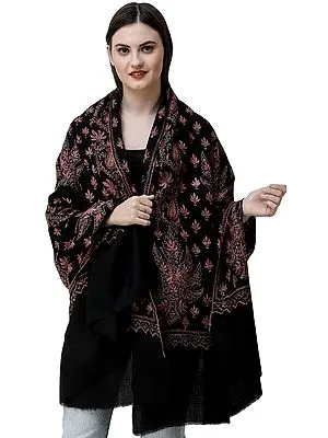 Jet-Black Kashmiri Tusha Shawl with Hand Needle-Embroidered Chinar Leaves and Paisleys