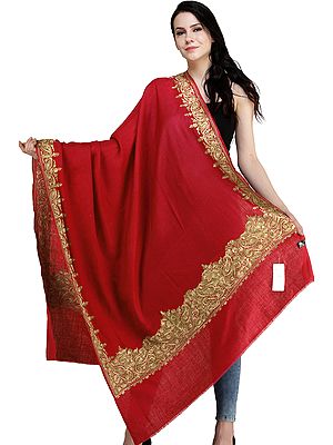 Pure Wool Shawl from Amritsar with Aari-Embroidered Paisleys on Border