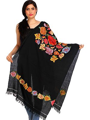 Caviar-Black Stole from Kashmir with Aari-Embroidered Flowers by Hand