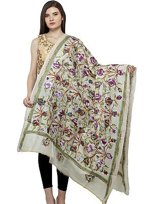 Dupatta from Bengal with Kantha Embroidered Roses All-Over