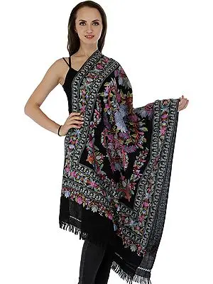 Caviar-Black Stole from Kashmir with Aari Hand-Embroidered Flowers All-Over