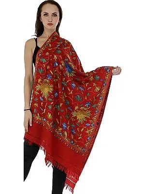 Rococco-Red Stole from Kashmir with Aari Hand-Embroidered Flowers