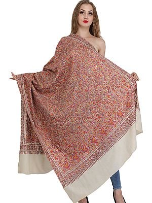 Pearled-Ivory Pure Pashmina Shawl from Kashmir with Sozni Floral Hand-Embroidery All-Over