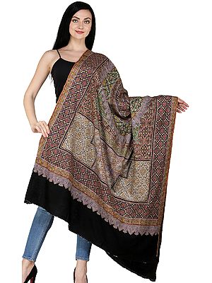 Phantom-Black Pure Pashmina Shawl from Kashmir with Sozni Embroidered Giant Mandala