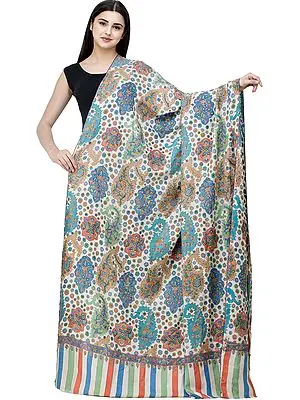 Wood-Ash Handloom Printed Pure Pashmina Shawl from Kashmir with Sozni Floral Embroidery All-Over