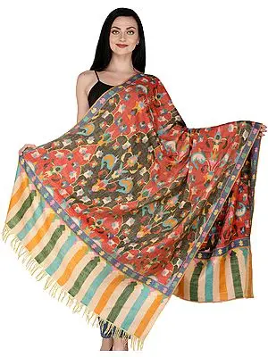 Multicolor Kashmiri Hand-woven Pure Pashmina Kani Shawl with Paisleys and Motifs in Multicolor Thread