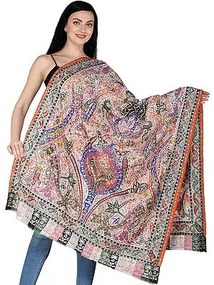 Mother Of Pearl Pure Pashmina Handloom Shawl from Kashmir with Kalamkari Needle Embroidery by Hand | Takes around 1 year to complete | Handwoven