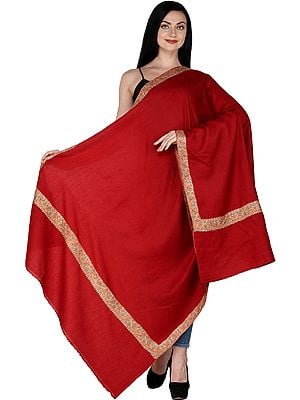 Rococco-Red Plain Pashmina Handloom Shawl from Kashmir with Sozni Embroidered Border