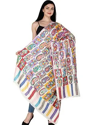 Afterglow Pure Pashmina Handloom Kani Shawl from Kashmir with Woven Paisleys and Motifs in Multicolor Thread
