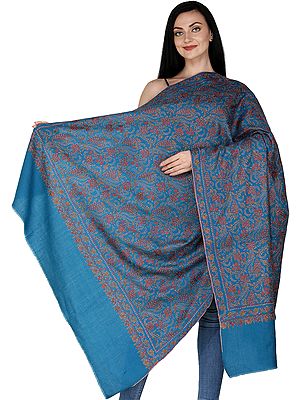 Tusha Shawl from Kashmir with Sozni Embroidered Multicolor Floral vines All Over