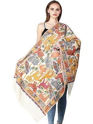 Vanilla-Cream Stole From Kashmir with Aari Hand-Embroidered Animals and Birds in Multicolor Thread