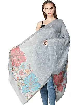 Metal-gray Stole from Amritsar with Woven Chinar Leaves and Self-Weave