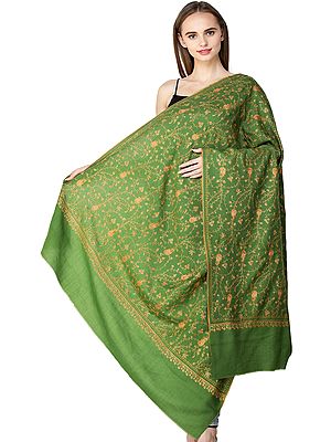 Cloud-Cream Plain Tusha Shawl from Kashmir with Needle Embroidery 