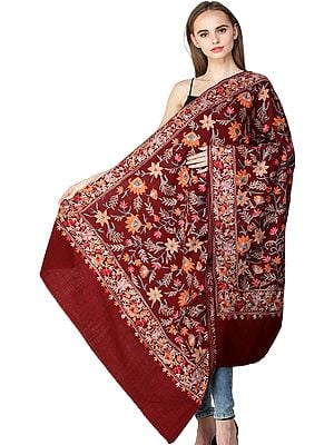 Apple-Butter Shawl from Amritsar with Aari Embroidered Flowers All-Over