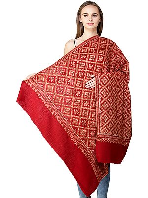 Garnet-Red Kashmiri Tusha Shawl with Sozni Embroidery in Square Box pattern