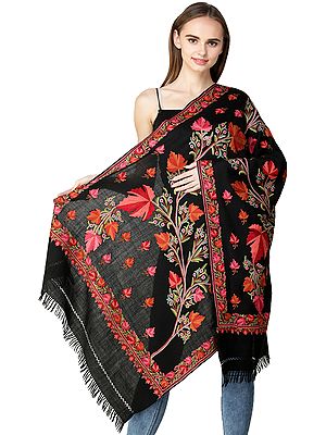 Phantom-Black Stole from Kashmir with Aari Hand-Embroidered Chinar Leaves All-Over