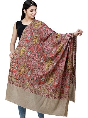 Silver-Mink Pure Pashmina Handloom Shawl from Kashmir with Sozni Floral Embroidery | Takes around 1 year to complete | Handwoven