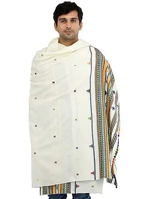 Light-Yellow Men's Plain Shawl from Kutch with Multicolor Thread Weave on Border