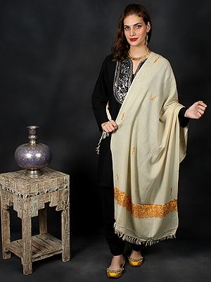 Plain Stole from Kashmir with Aari Hand-Embroidered Paiselys on Border