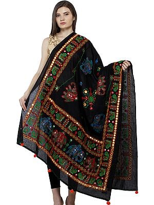 Printed Dupatta from Kutch with Hand-Embroidered Peacocks and Elephants