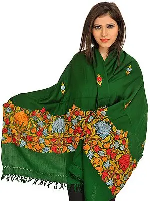 Vineyard-Green Stole from Kashmir with Flower Embroidered Border