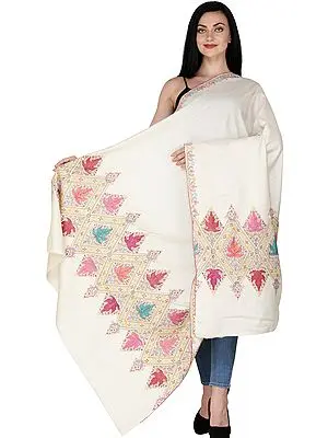 Afterglow Pure Pashmina Shawl from Kashmir with Sozni Embroidered Border