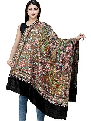 Caviar-Black Pure Pashmina Handloom Shawl from Kashmir with Sozni Embroidery All-Over | Takes around 1 year to complete | Handwoven