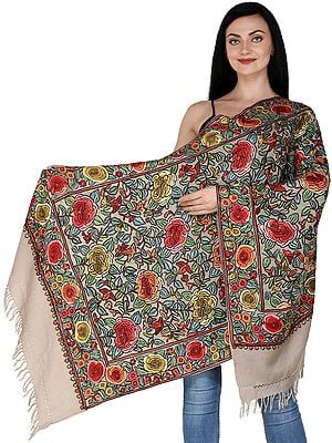 Kashmiri Stole with Aari Hand-Embroidered Flowers All-Over