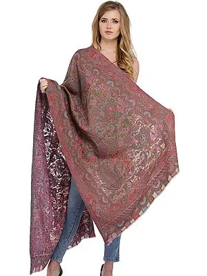 Ginger-Seed Kani Stole from Amritsar with Woven Paisleys and Florals in Multicolor Thread