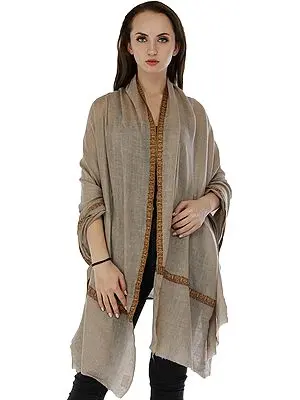 Wood-Smoke Plain Pashmina Handloom Shawl from Kashmir with Sozni Embroidered Border