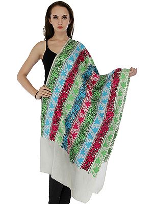Pearled-Ivory Kashmiri Stole with Aari-Embroidered Flowers and Chinar Leaves