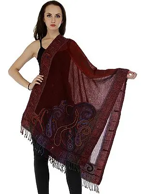 Deep-Claret Wool-Embroidered Jamawar Stole with Woven Paisleys and Beads