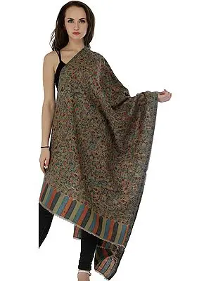 Warm-Sand Kani Jamawar Stole from Amritsar with Flowers Woven in Multi-Colored Thread