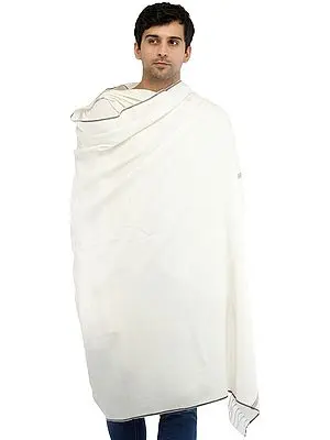 Ivory Plain Men's Dushala from Kullu with Woven Maroon Stripes on Border