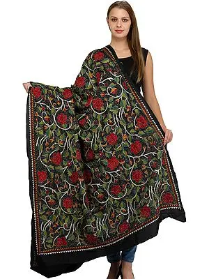 Caviar-Black Dupatta from Bengal with Kantha Embroidered Roses All-Over