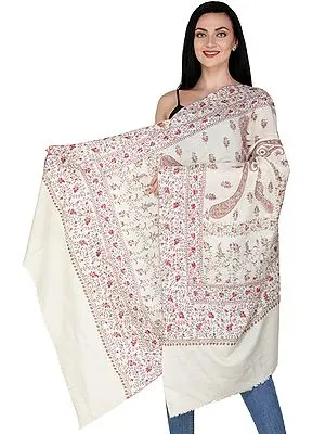 White-Smoke Cashmere Shawl from Kashmir with Sozni Embroidered Paisleys