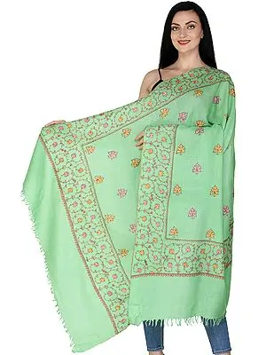 Zephyl-Green Cashmere Shawl from Kashmir with Sozni Embroidered Chinar Leaves All-Over