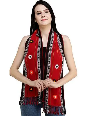 Scarlet-Red Scarf from Nagaland with Thread Weave on Border