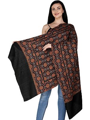 Kashmiri Stole with Sozni Embroidered Florals In Geometric Pattern
