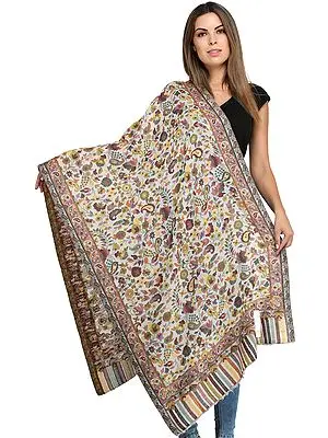 Pearled-Ivory Kani Printed Jamawar Shawl from Amritsar