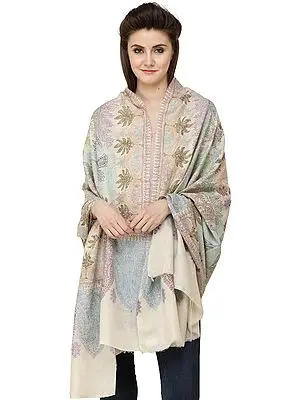 Pearled-Ivory Pure Pashmina Handloom Shawl from Kashmir with Sozni Floral Embroidery