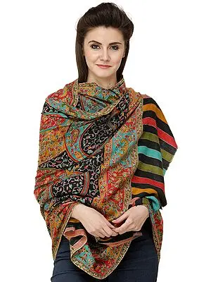 Caviar-Black Pure Pashmina Shawl from Kashmir with Kalamkari Embroidery All-Over